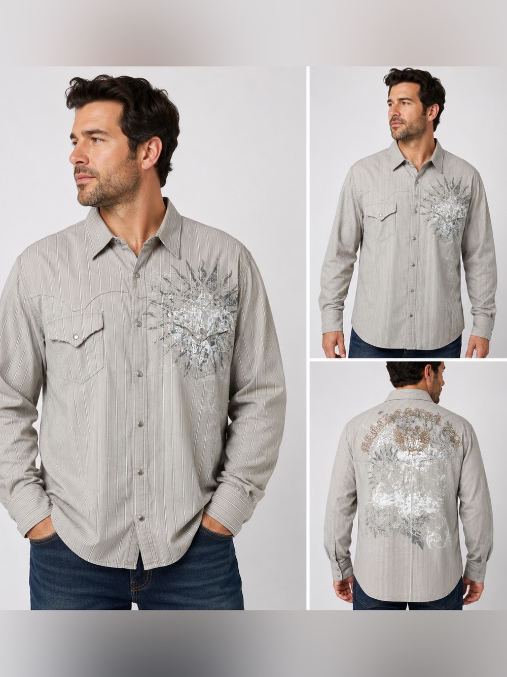 Manchester Ltd Tan Pearl Snap Western Graphic Shirt XL